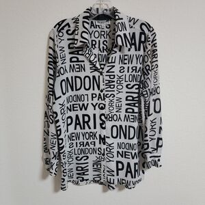 Mishca Button Front Roll Tab Sleeve Paris London New York Blouse